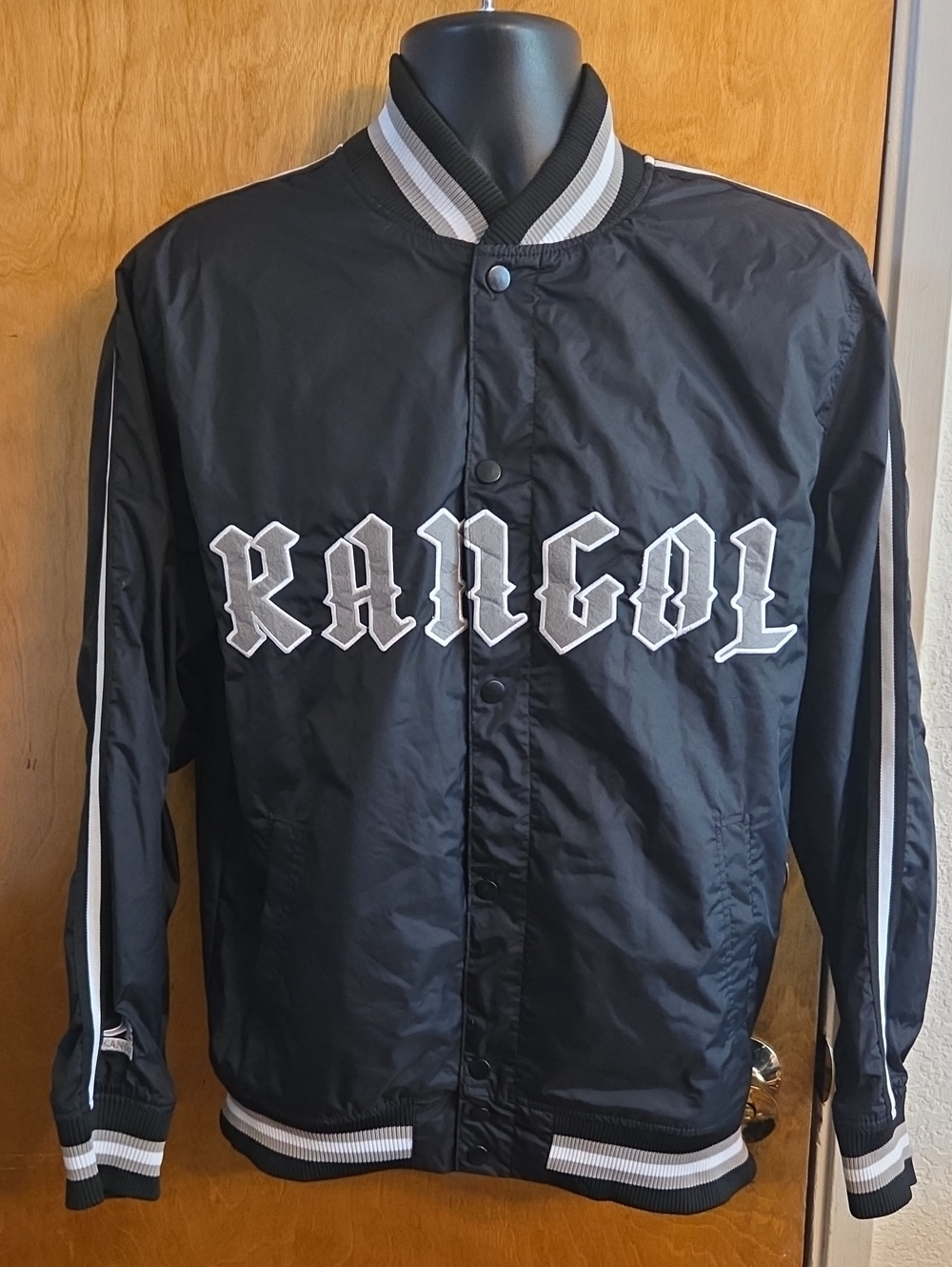 Kangol Satin Bomber Jacket Black White & Grey Embroidered Varsity Size Mediump